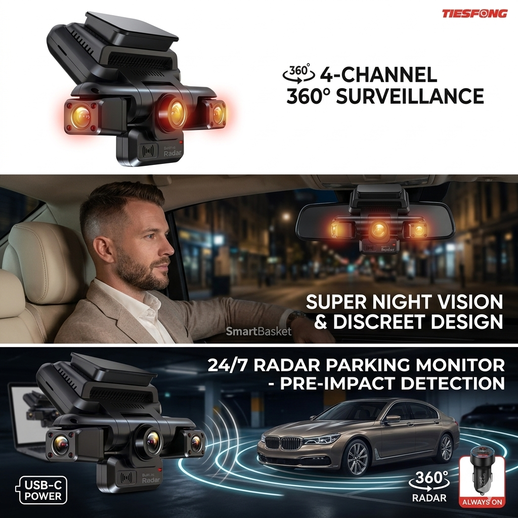 Tiesfong 4 CH Dash Cam I7Pro-WB: 4K Front, 4-Channel System with Built-in 360° Radar Parking Monitor