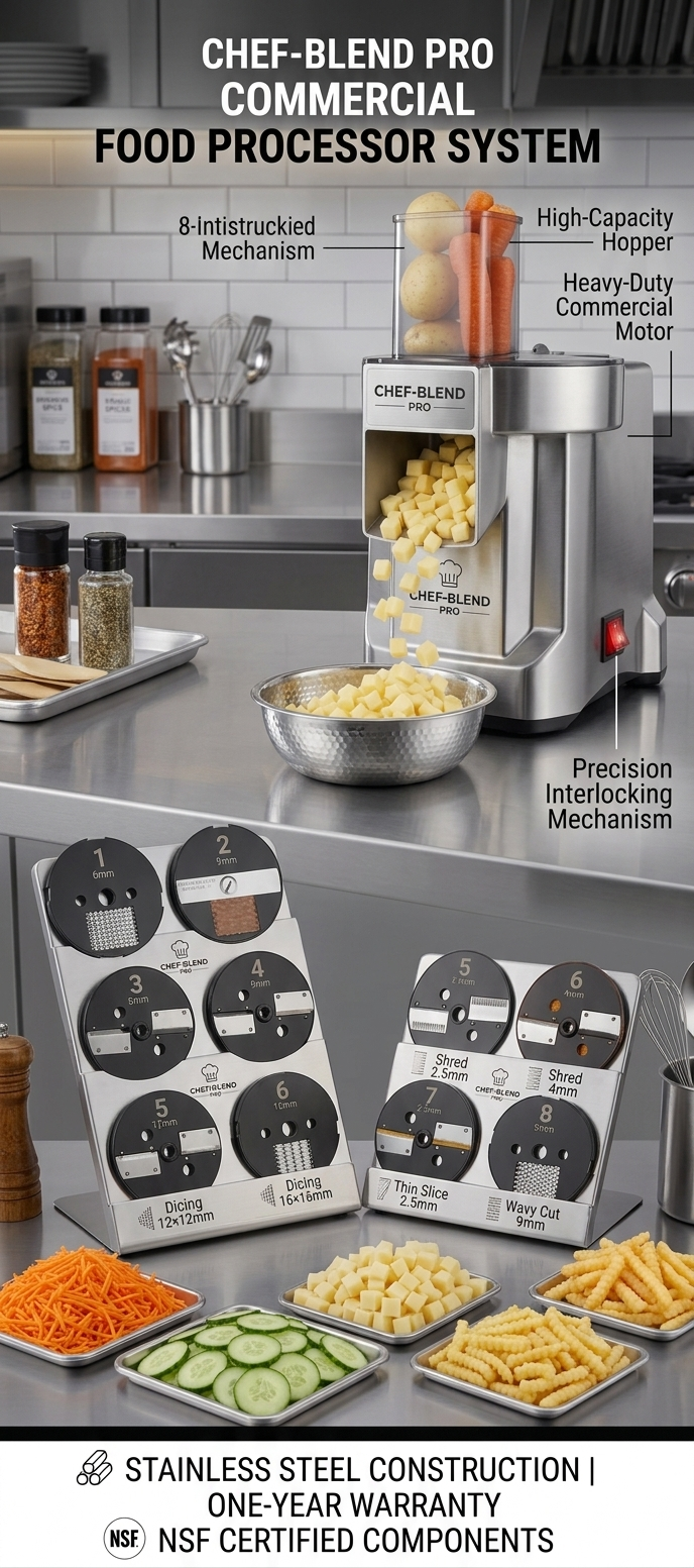8-Blade Commercial Multi-Function Food Processor Kit | Heavy-Duty Vegetable Dicer, Slicer, Shredder, and French Fry Cutter for Restaurants